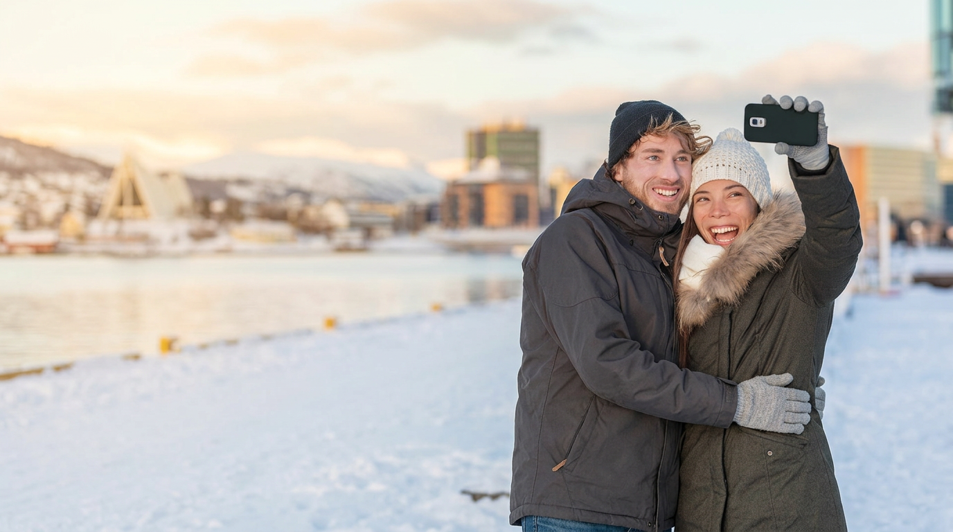 Travellers enjoying winter in Tromsø after storing their luggage