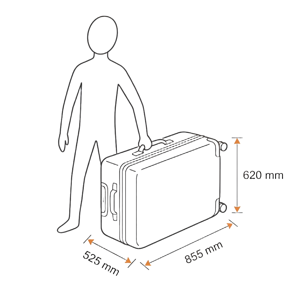 Large suitcase size guide for 525 × 620 × 855 mm
